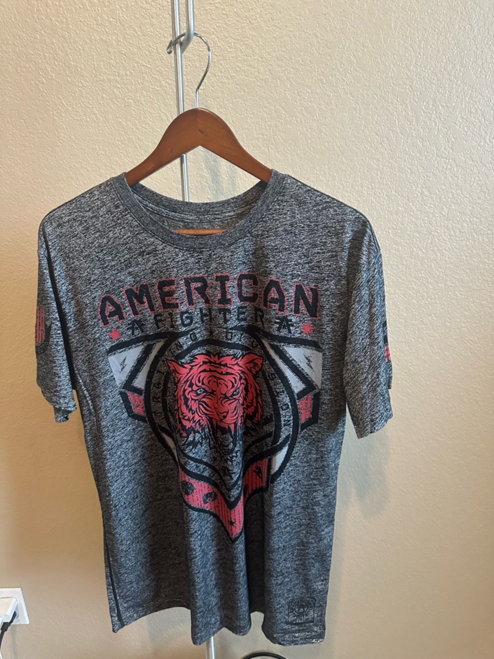American Fighter Gray Heather Short Sleeve Tee with Pink Tiger Graphic
